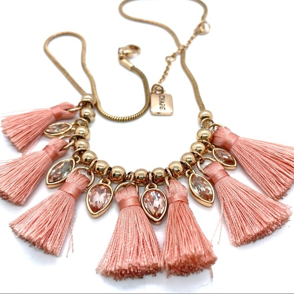 CHAPS Peach Cotton Tassels Necklace Goldtone Chain with Rhinestones - Picture 5 of 10
